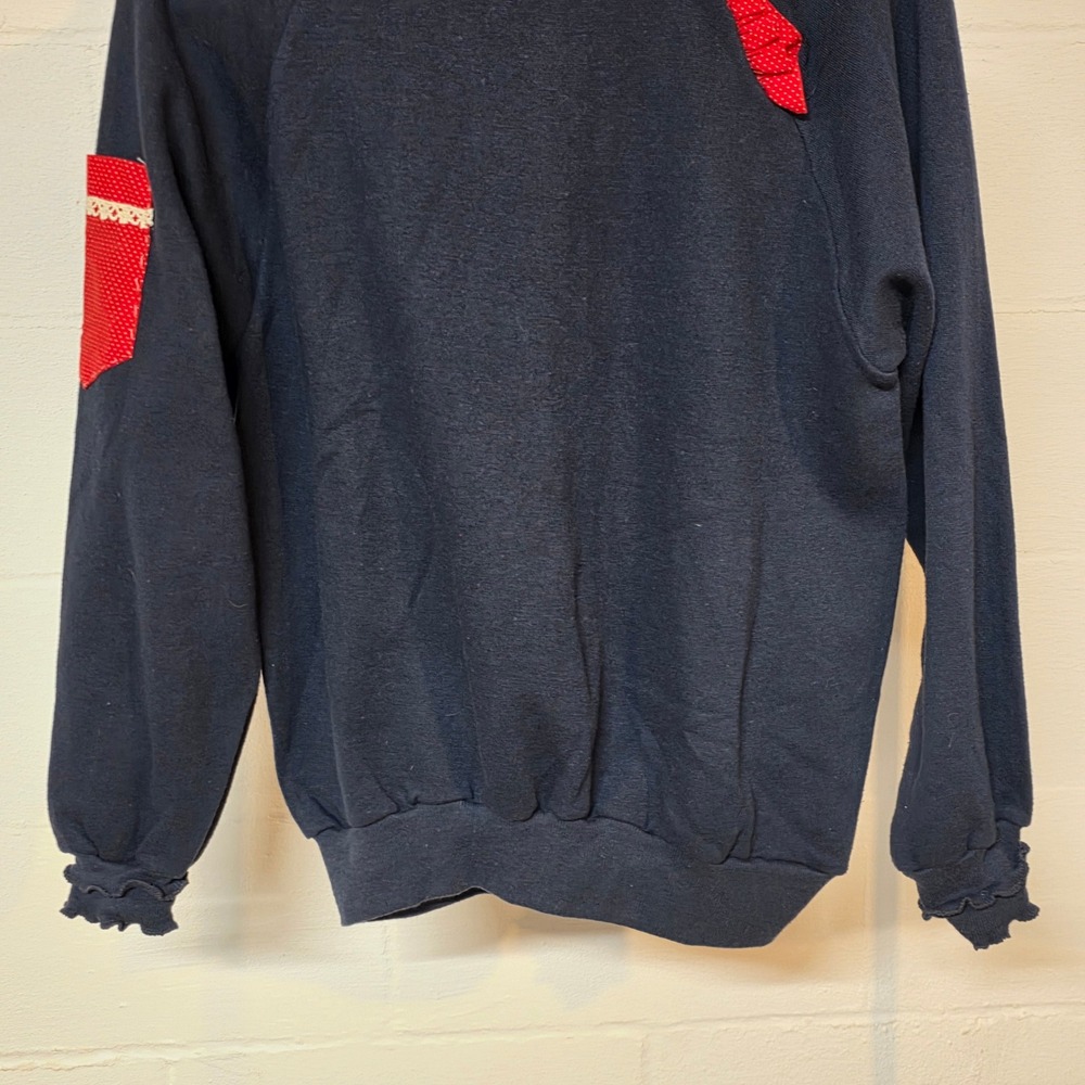 Vintage 80s Activewear Navy Blue Ruffle Collar Polka Dot Sweatshirt Women Medium - Picture 5 of 12